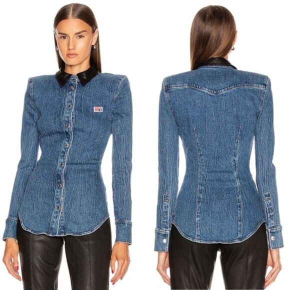 Alexander Wang Tops - Alexander Wang Denim Button Long Sleeve Shirt with Leather Collar in Deep Blue